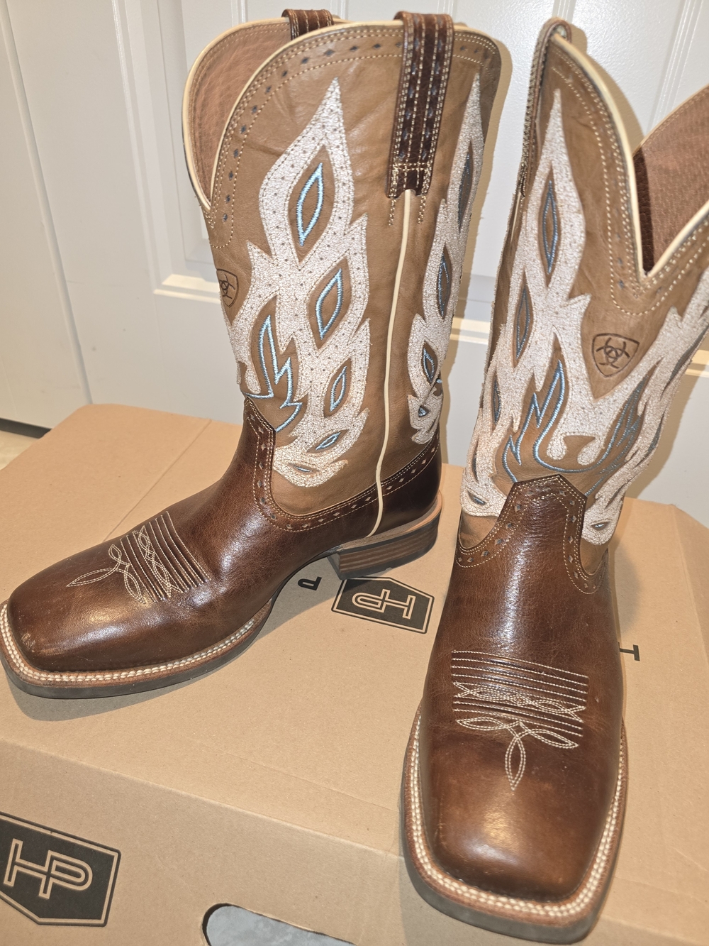 HP Brown and Tan Western Boots with Blue Embroidery